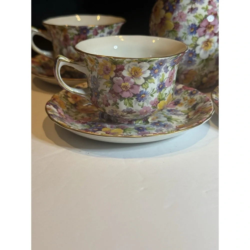 James Kent Dubarry Chintz Large Creamer 4 Cups & Saucers England 9 Pc